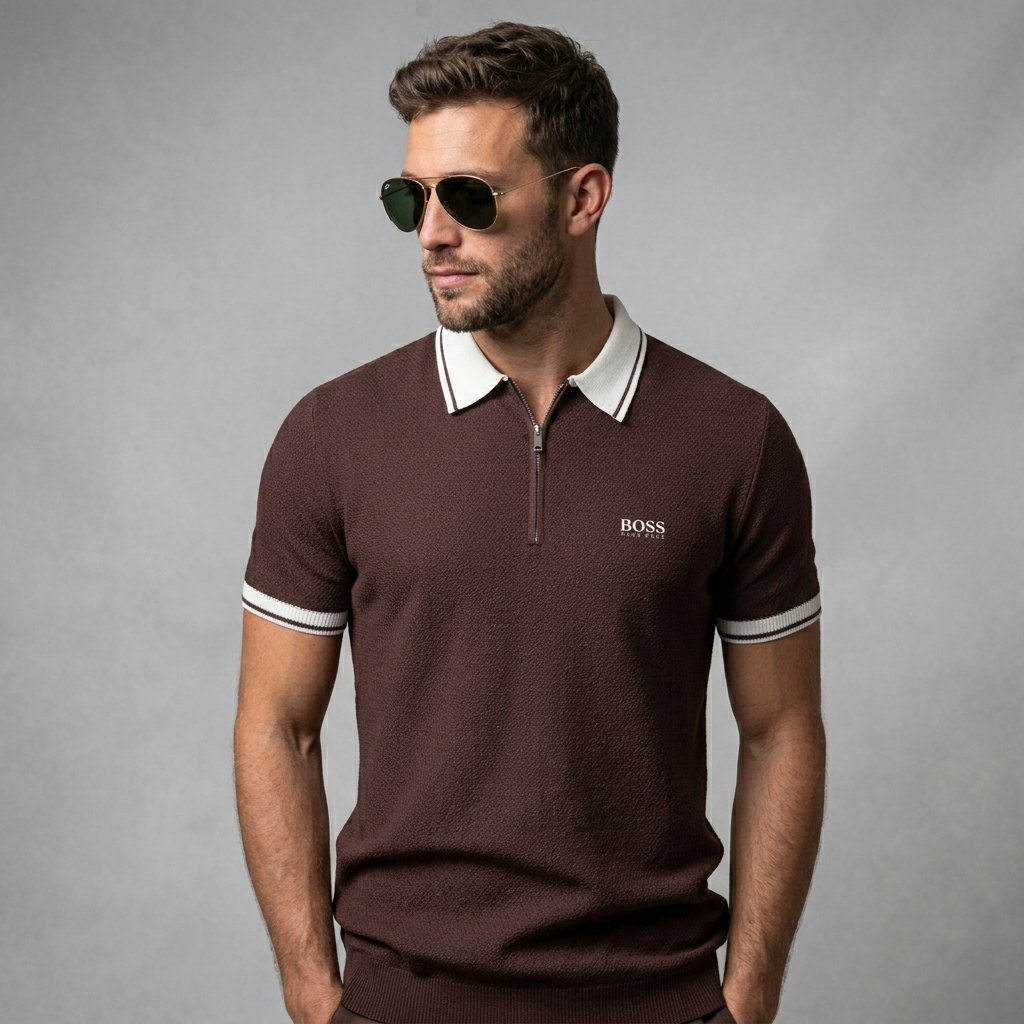 Premium Gebreide Polo met Rits en Contrast